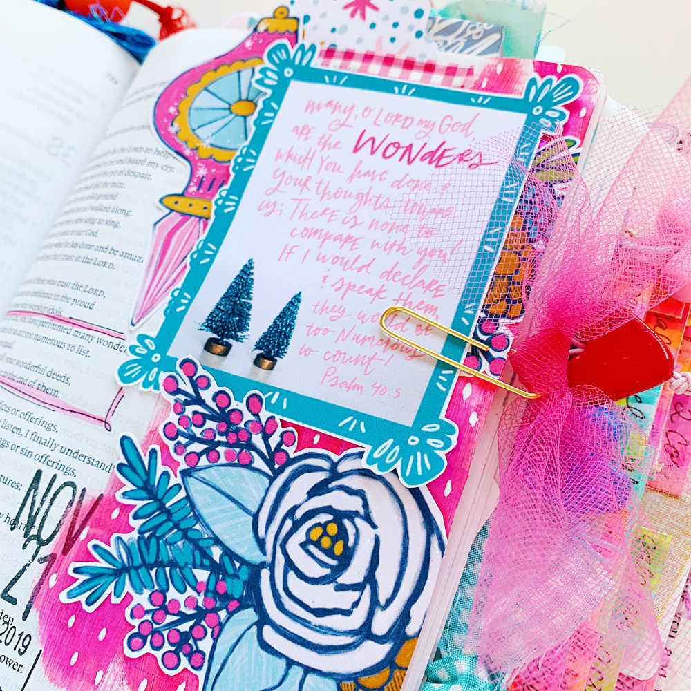 Hybrid Print and Pray Bible Journaling by Cristin Howell using digital printables | His Wonders are Wonderful | Psalm 40