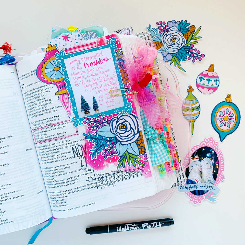 Hybrid Print and Pray Bible Journaling by Cristin Howell using digital printables | His Wonders are Wonderful | Psalm 40