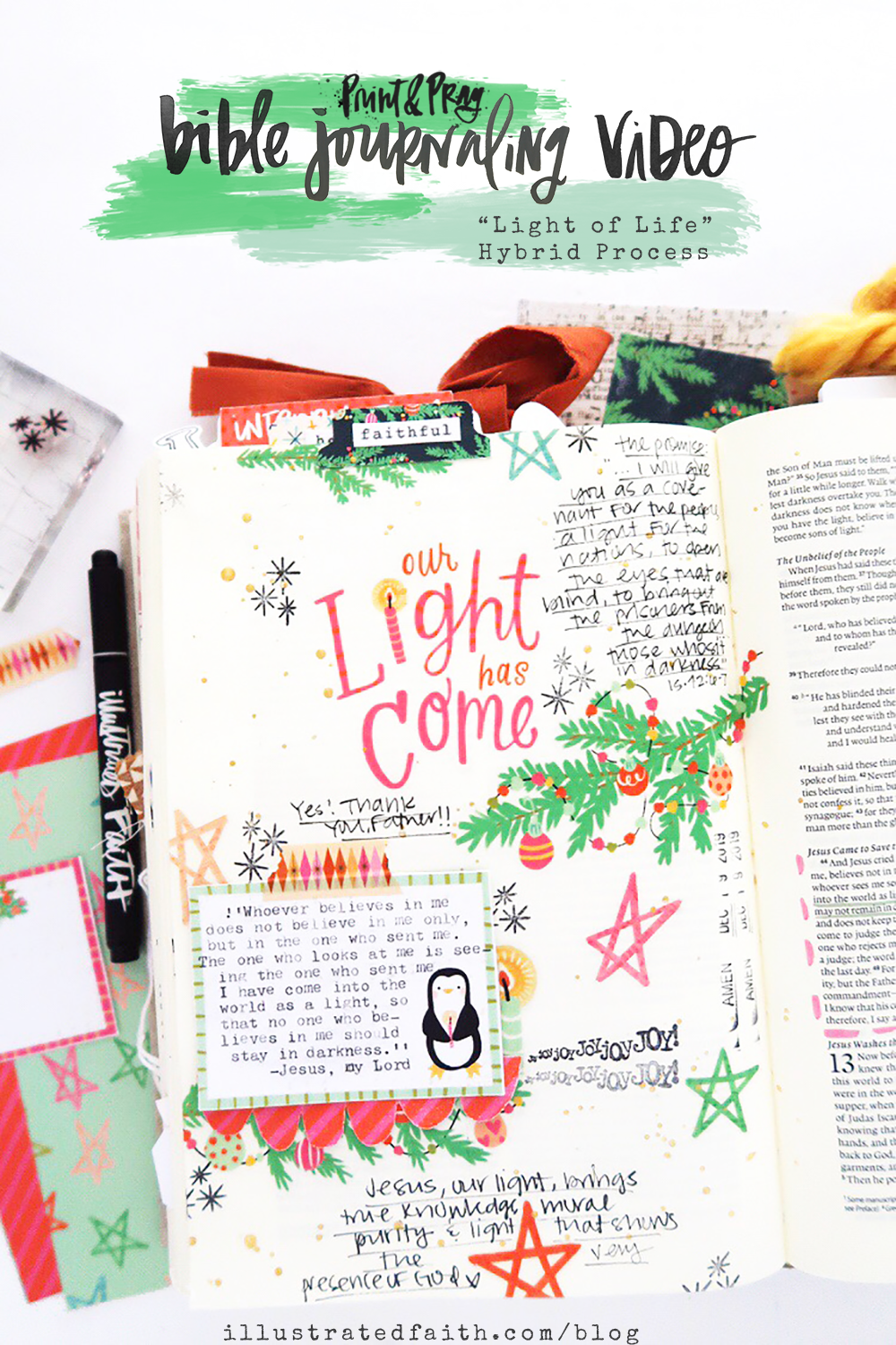 Print and Pray Bible Journaling Process Video by Jillian aka Hello Jillsky using digital printables | Light of Life | John 12:46